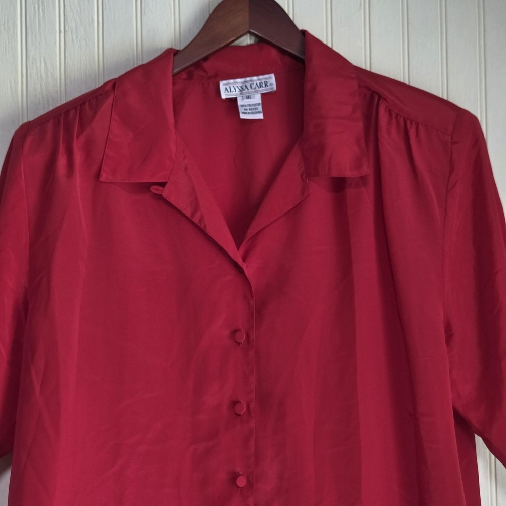Alyssa Carr Blouse Womens 16 Red Collared Short Sleeve Button Front Satin Top